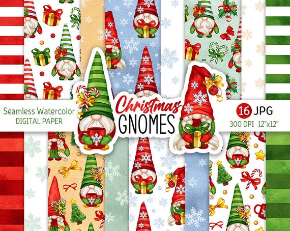Christmas Gnomes Digital Paper Pack Watercolor Gnome Seamless - Etsy Christmas Gnomes Digital Paper Pack Watercolor Gnome Seamless - Etsy
