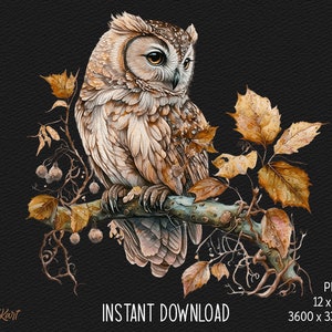 May include: A brown and white owl perched on a branch with autumn leaves. The owl has large, yellow eyes and a detailed pattern of feathers. The leaves are a mix of orange, yellow, and brown.