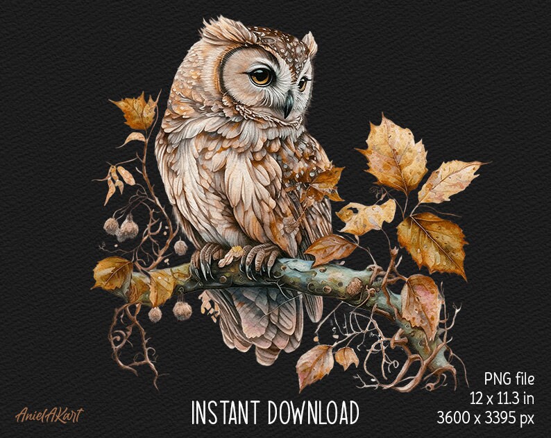 May include: A brown and white owl perched on a branch with autumn leaves. The owl has large, yellow eyes and a detailed pattern of feathers. The leaves are a mix of orange, yellow, and brown.