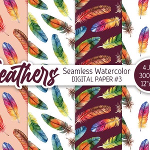 Plume colorée Aquarelle Digital Paper Pack Arc-en-ciel Exotique Boho Sans couture Motif Boho Fond imprimable Party boho texture de plume