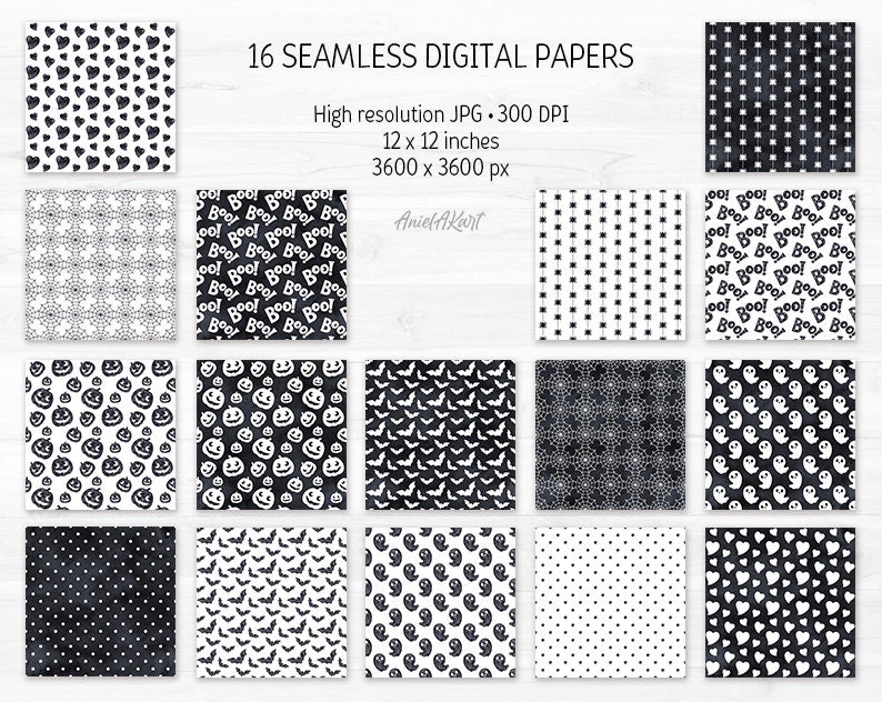 Black & White Halloween Digital Paper Pack Watercolor Seamless - Etsy