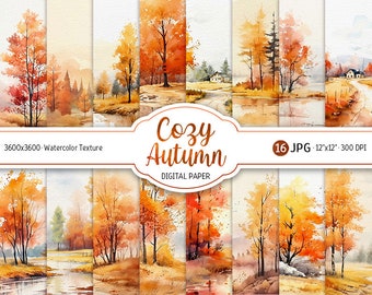 Autumn Forest Digital Paper Pack Watercolor Printable Scrapbooking Paper Cozy Fall background Scrapbook Junk Journal commercial use download