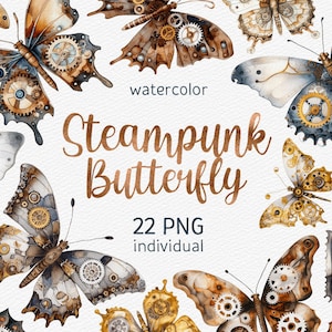 Aquarell Steampunk Schmetterlinge Clipart Pack Mechanischer Schmetterling PNG viktorianischen Clip Art Bundle Steampunk PNG Kommerzieller Instant Download