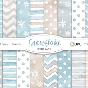Paquet de papier numérique Noël flocons de neige aquarelle motif sans couture à pois papier scrapbooking imprimable rayures bleu chevron fond