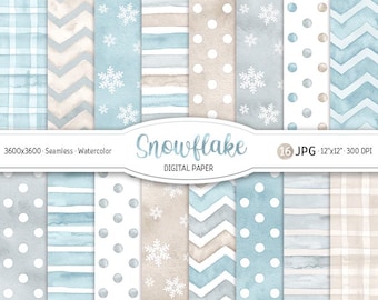 Christmas Digital Paper Pack Watercolor Snowflakes Seamless Pattern Polka Dot Printable Scrapbooking Paper Blue Stripes Chevron background