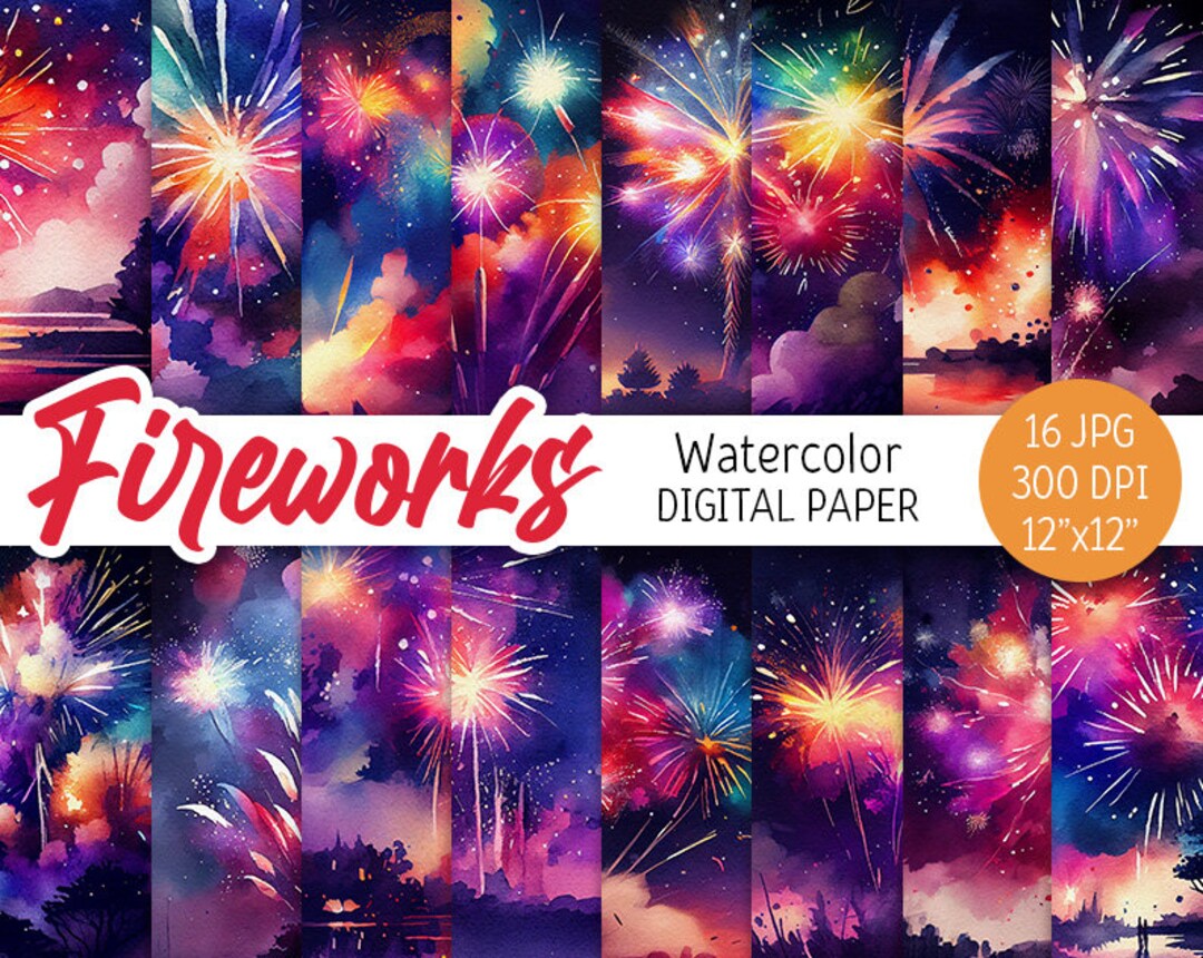 Watercolor Fireworks Digital Paper Pack Celebration Printable ...
