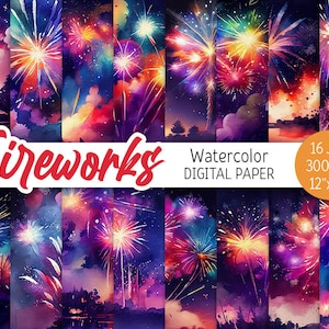 Aquarel Vuurwerk Digital Paper Pack Viering Afdrukbaar Scrapbooking Papier Fourth of July Night Sky New Year achtergrond commercieel gebruik