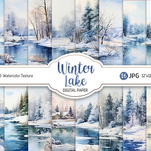 Aquarela inverno pacote de papel digital inverno lago impressão scrapbooking papel neve inverno paisagem neve fundo uso comercial jpeg