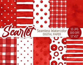 Scarlet Red Seamless Pattern Watercolor Polka Dot Digital Paper Pack Printable Scrapbooking Paper Watercolor Stripes Valentines texture