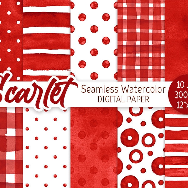 Scarlet Red Seamless Pattern Watercolor Polka Dot Digital Paper Pack Printable Scrapbooking Paper Watercolor Stripes Valentines texture