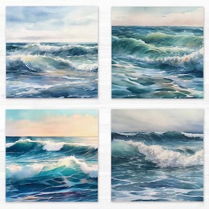 May include: Four watercolor paintings of ocean waves crashing on the shore. The paintings are all in shades of blue and green, with white foam crests.
