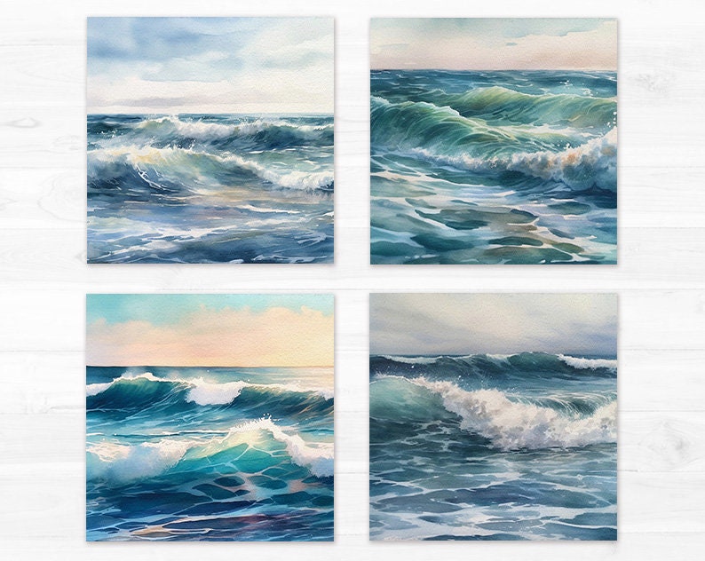 May include: Four watercolor paintings of ocean waves crashing on the shore. The paintings are all in shades of blue and green, with white foam crests.