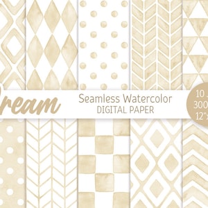 Può includere: Dieci design di carta digitale in crema e bianco con motivi geometrici, tra cui punti, diamanti, frecce e quadrati. Motivi ad acquerello senza cuciture, 300 DPI, 12"x12".