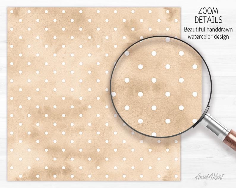 Puede incluir: Un patr&oacute;n de papel digital sin costuras con un fondo beige y lunares blancos. El patr&oacute;n est&aacute; dibujado a mano y tiene un efecto acuarela.