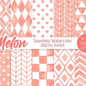 May include: Ten digital paper designs in a peachy pink color with various geometric patterns. The patterns include polka dots, diamonds, arrows, and squares. The text "Melon Seamless Watercolor Digital Paper" is at the top of the image.