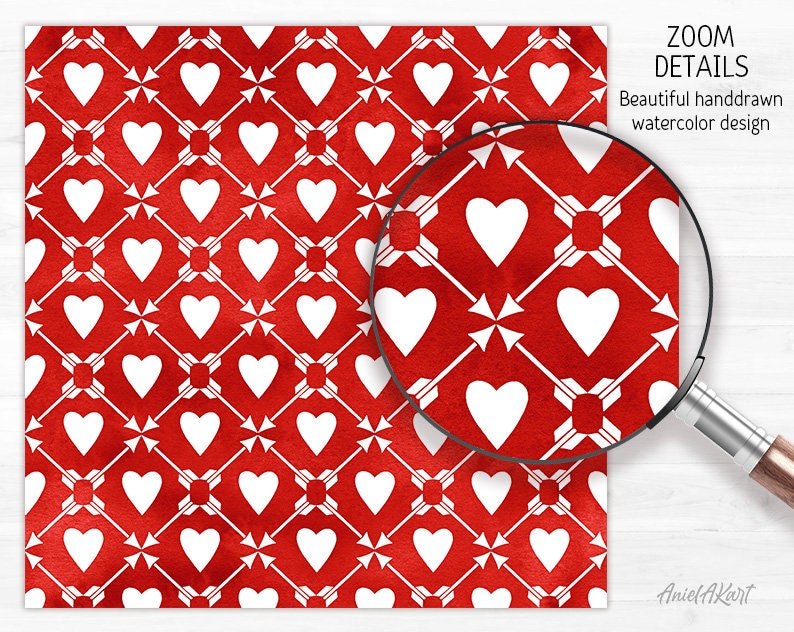 Red & White Valentine Day Digital Paper Pack Watercolor Love Seamless ...