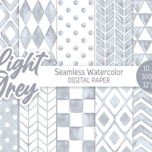 Grigio chiaro Motivo geometrico Acquerello Digital Paper Pack Stampabile Ad acquerello Pois Chevron Sfondo senza cuciture rombo a spina di pesce