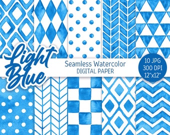 Könnte beinhalten: Zehn digitale Papierdesigns mit hellblauen Aquarellmustern auf weißem Hintergrund. Die Muster umfassen Punkte, Rauten, Quadrate, Pfeile und Dreiecke. Der Text "Light Blue Seamless Watercolor Digital Paper" ist im Bild enthalten.