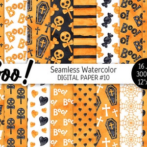Könnte beinhalten: Ein Set mit 16 digitalen Papieren mit verschiedenen Halloween-Mustern. Die Muster umfassen schwarz-weiße Streifen, schwarz-weiße Punkte, schwarz-weiße Süßigkeiten, schwarz-weiße Herzen, schwarz-weiße Totenköpfe und Knochen, schwarz-weiße Spinnweben und schwarz-weiße Särge auf gelbem Hintergrund. Der Text "Boo!" ist auf mehreren Mustern zu sehen. Der Text "Nahtloses Aquarell-Digitalpapier #10" ist ebenfalls im Bild enthalten.