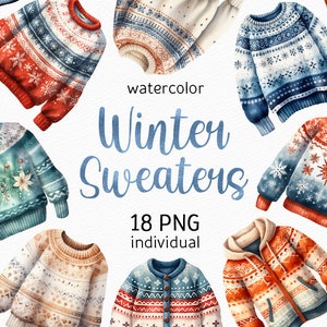 Pacchetto di clipart maglione invernale dell'acquerello Brutto maglione di Natale PNG Pacchetto di clipart di Natale, download immediato di clipart invernali per uso commerciale