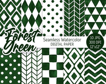 Forest Green Geometric Pattern Watercolor Seamless Digital Paper Pack Printable Polka dot Chevron Party background rhombus herringbone Check
