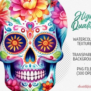 May include: A colorful watercolor illustration of a sugar skull with floral details. The skull is decorated with intricate patterns and bright colors, including pink, blue, yellow, and green. The background is transparent.