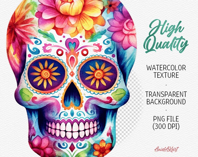 May include: A colorful watercolor illustration of a sugar skull with floral details. The skull is decorated with intricate patterns and bright colors, including pink, blue, yellow, and green. The background is transparent.