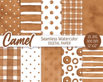 Camel Brown Seamless Pattern Watercolor Polka Dot Digital Paper Pack Printable Scrapbooking Paper Watercolor Stripes Background 12x12 JPEG
