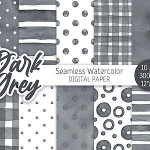 Gris foncé Sans couture Motif Aquarelle Polka Dot Gris Digital Paper Pack Imprimable Scrapbooking Papier Rayures texture Gris Gingham arrière-plan