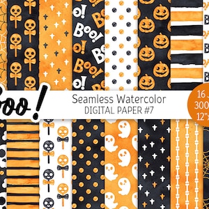Orange Black Halloween Digital Paper Pack Watercolor Seamless Pattern Printable Scrapbook Paper Spooky Boo Ghost Pumpkin Skull background