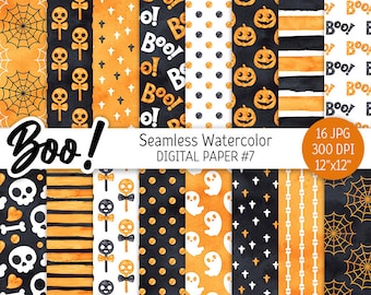 Orange Black Halloween Digital Paper Pack Watercolor Seamless Pattern Printable Scrapbook Paper Spooky Boo Ghost Pumpkin Skull background