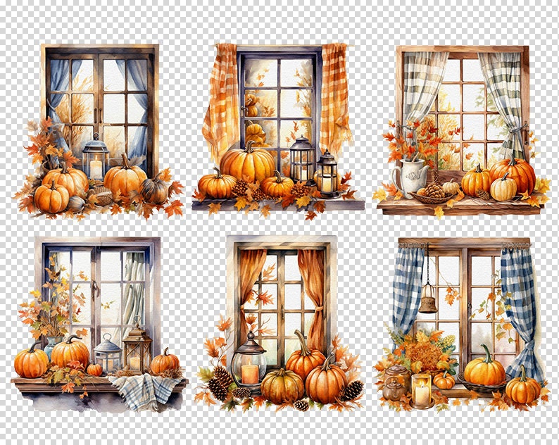 Fall Window Print Watercolor Fall Window Clipart Cozy Autumn PNG Graphics Autumn Leaves ...