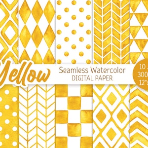 Giallo Geometrico Motivo Acquerello Seamless Digital Paper Pack Stampabile Pois Chevron sfondo Baby shower ragazza rombo spina di pesce