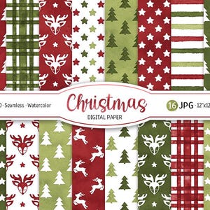 Christmas Digital Paper Pack Watercolor Seamless Pattern Vintage Christmas Tree Background Woodland Printable Scrapbooking Paper Reindeer