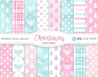 Mint & Pink Christmas Digital Paper Pack Watercolor Christmas Tree Seamless Pattern Cute Woodland Background Deer Printable Scrapbook Paper