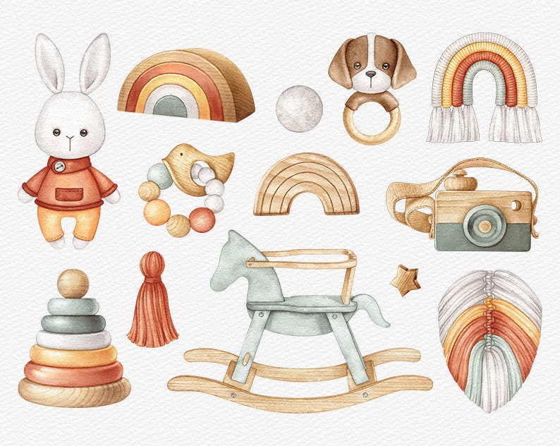 Watercolor Baby Toys Clipart Boho Baby Shower PNG Newborn Clipart ...