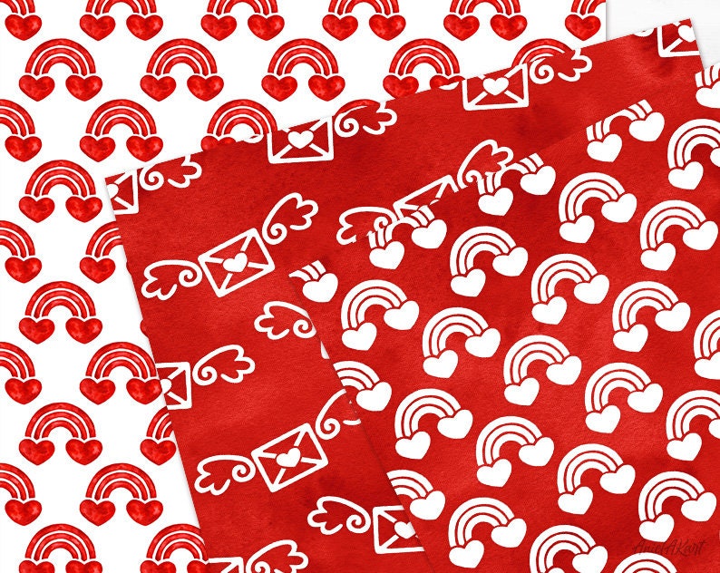 Red & White Valentine Day Digital Paper Pack Watercolor Love Seamless ...