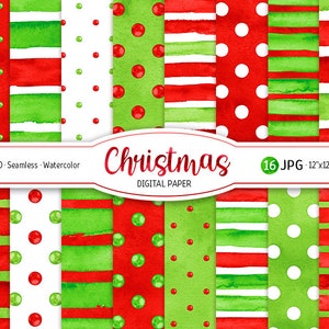 Noël Digital Paper Pack Aquarelle Polka Dot Seamless Pattern Imprimable Scrapbooking Papier Aquarelle Rayures Fond rouge et vert