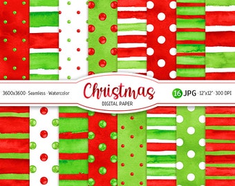 Christmas Digital Paper Pack Watercolor Polka Dot Seamless Pattern Printable Scrapbooking Paper Watercolor Stripes Red and Green background