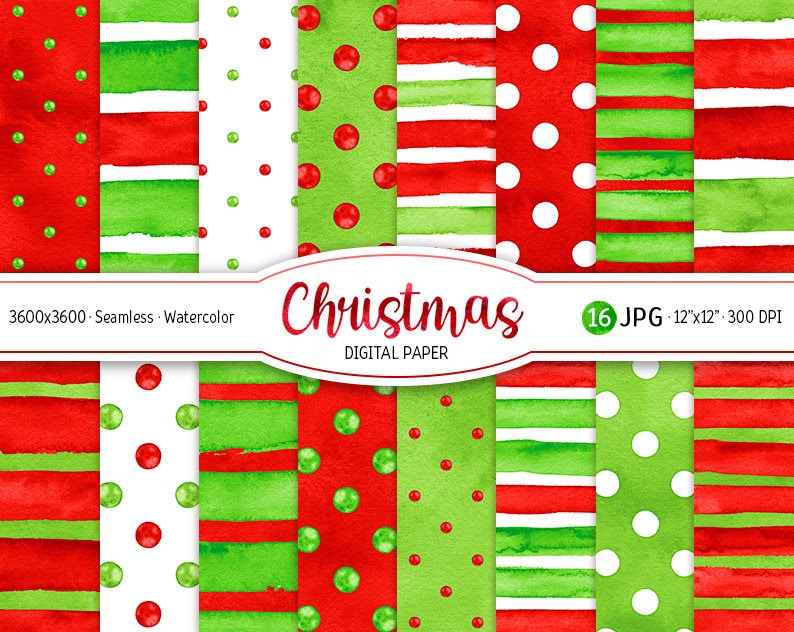 christmas-digital-paper-pack-watercolor-polka-dot-seamless-pattern-printable-scrapbooking-paper-watercolor-stripes-red-and-green-background-etsy