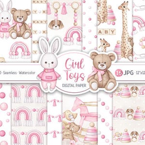 Pacchetto di carta digitale per bambina, motivo Boho Nursery Watercolor Toys, motivo senza cuciture, rosa, baby shower, carta da scrapbooking, sfondo per neonato
