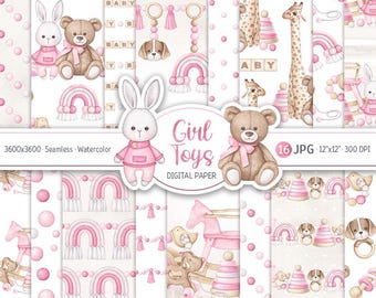 Baby Girl Digital Paper Pack Boho Nursery Watercolor Toys Seamless Pattern Pink Baby Shower Printable Scrapbooking Paper Newborn background
