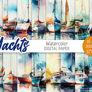 Aquarell Yachten Digital Paper Pack Seelandschaft druckbare Scrapbooking Papier Nautischer Hintergrund Ozean Meer Marine Boot Schiff digitaler Download