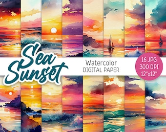 Watercolor Sea Sunset Digital Paper Pack Beach Sunset Printable Scrapbooking Paper Ocean background Sea Beach Landscape download commercial