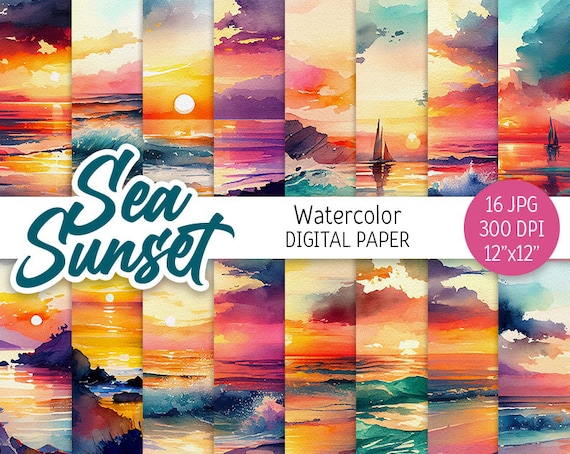 Watercolor Sea Sunset Digital Paper Pack Beach Sunset Printable Scrapbooking Paper Ocean background Sea Beach Landscape download commercial