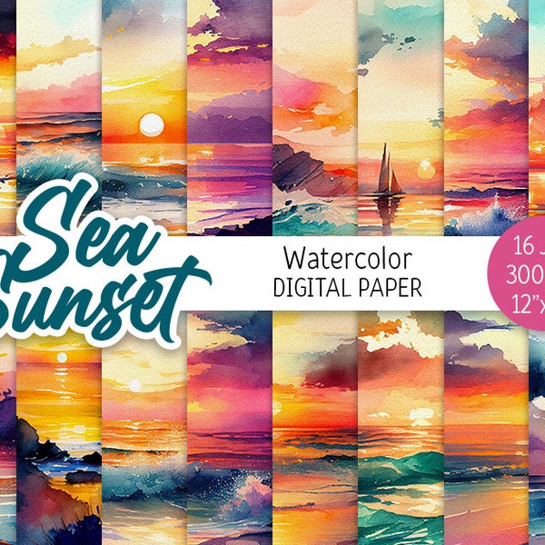 Watercolor Sea Sunset Digital Paper Pack Beach Sunset Printable Scrapbooking Paper Ocean background Sea Beach Landscape download commercial