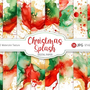 Weihnachten Digital Paper Pack Aquarell Splash Rot und Grün Splatter druckbare Scrapbooking Papier Gold Alkohol Tinte Abstrakter Hintergrund