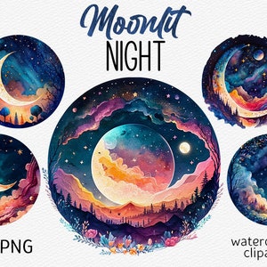 Acuarela Luna Clipart Bundle Magic Moonlit Night PNG Acogedor estético Fantasía Paisaje PNG Mystic Moon PNG Night Sky Stars Descarga instantánea