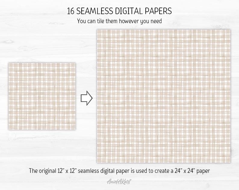 May include: Two digital papers with a beige and white plaid pattern. The smaller paper is 12 x 12 inches, and the larger paper is 24 x 24 inches. Text reads: "16 Seamless Digital Papers. You can tile them however you need."