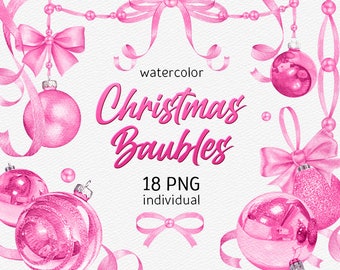 Pink Christmas clipart Watercolor Ribbon Clipart Christmas Decor Pink baubles Individual Pink Balls bow holiday essentials winter clipart